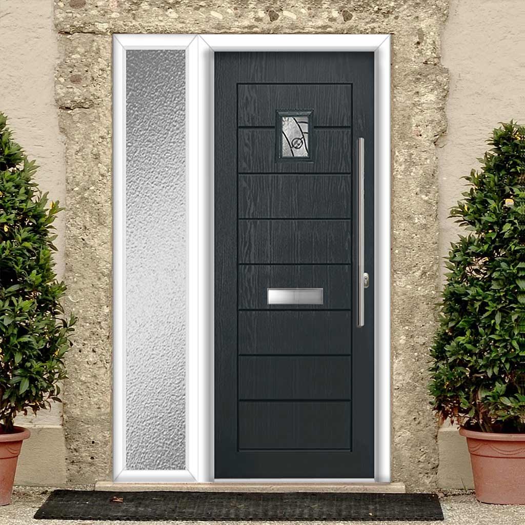 Aruba 1 Urban Style Composite Front Door Set with Single Side Screen - Abstract Glass - Shown in Anthracite Grey