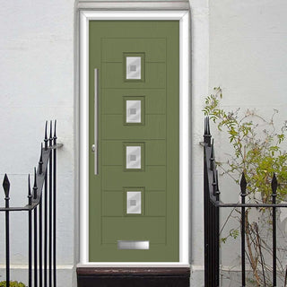 Image: Aruba 4 Urban Style Composite Front Door Set with Central Sandblast Ellie Glass - Shown in Reed Green