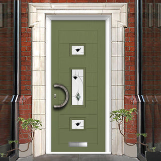 Image: Firenza 3 Urban Style Composite Front Door Set with Central Kupang Black Glass - Shown in Reed Green