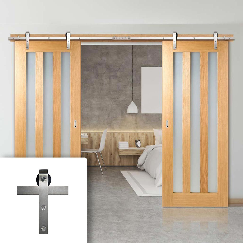 Double Sliding Door & Stainless Steel Barn Track - Utah Oak Doors - Frosted Glass - Unfinished