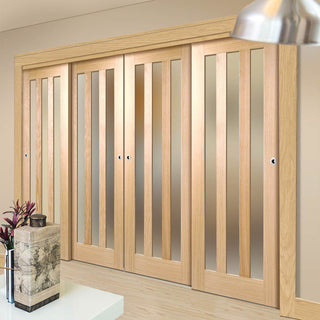 Image: Four Sliding Doors and Frame Kit - Utah 3 Pane Oak Door - Frosted Glass - Prefinished