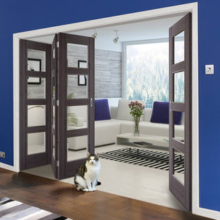 Image: Four Folding Doors & Frame Kit - Vancouver 4 Pane Ash Grey 3+1 - Clear Glass - Prefinished
