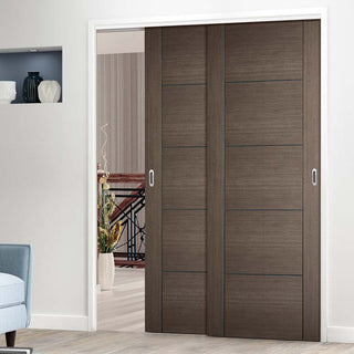 Image: Two Sliding Doors and Frame Kit - Vancouver Flush Chocolate Grey Door - Prefinished