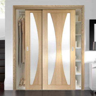 Image: Minimalist Wardrobe Door & Frame Kit - Two Verona Oak Doors - Obscure Glass - Unfinished