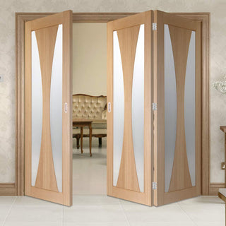 Image: Three Folding Doors & Frame Kit - Verona Oak 2+1 - Obscure Glass - Unfinished