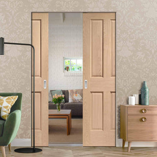 Image: Bespoke Victorian Oak 4 Panel Double Frameless Pocket Door - No Raised Mouldings - Prefinished