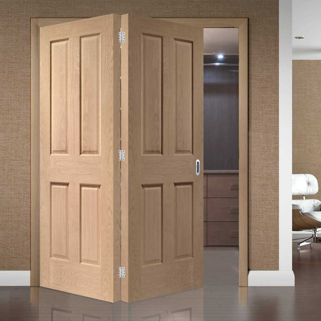 Two Folding Doors & Frame Kit - Victorian Oak 4 Panel 2+0 - No Raised Mouldings - Prefinished