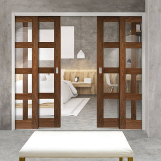 Image: Coventry Walnut Veneer Shaker Style Staffetta Quad Telescopic Pocket Doors - Clear Glass - Prefinished