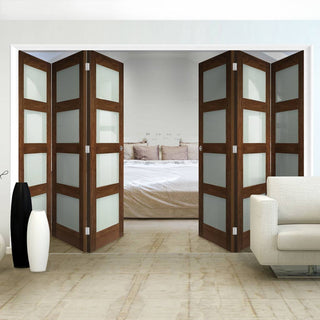 Image: Six Folding Doors & Frame Kit - Coventry Walnut Shaker 3+3 - Frosted Glass - Prefinished