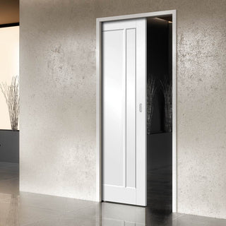 Image: Bespoke Worcester White Primed 3 Panel Single Pocket Door