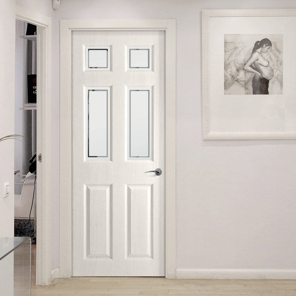 White PVC washington door with grained faces 4 sandblast border style toughened glass
