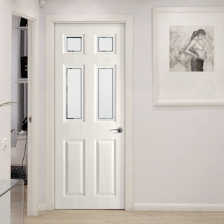 Image: White PVC washington door with grained faces 4 sandblast border style toughened glass