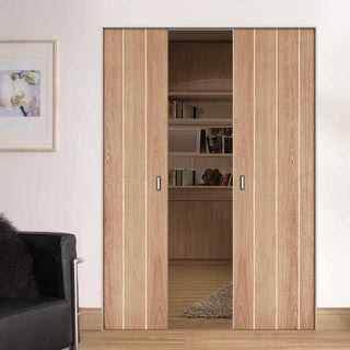 Image: Wexford Oak Panel Absolute Evokit Double Pocket Doors - Unfinished