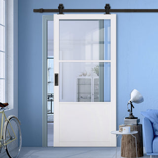 Image: Top Mounted Black Sliding Track & Solid Wood Door - Eco-Urban® Berkley 2 Pane 1 Panel Solid Wood Door DD6309G - Clear Glass - Cloud White Premium Primed