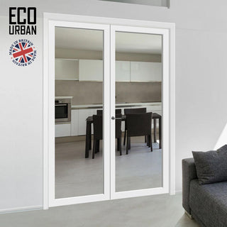 Image: Baltimore 1 Pane Solid Wood Internal Door Pair UK Made DD6301G - Clear Glass - Eco-Urban® Cloud White Premium Primed