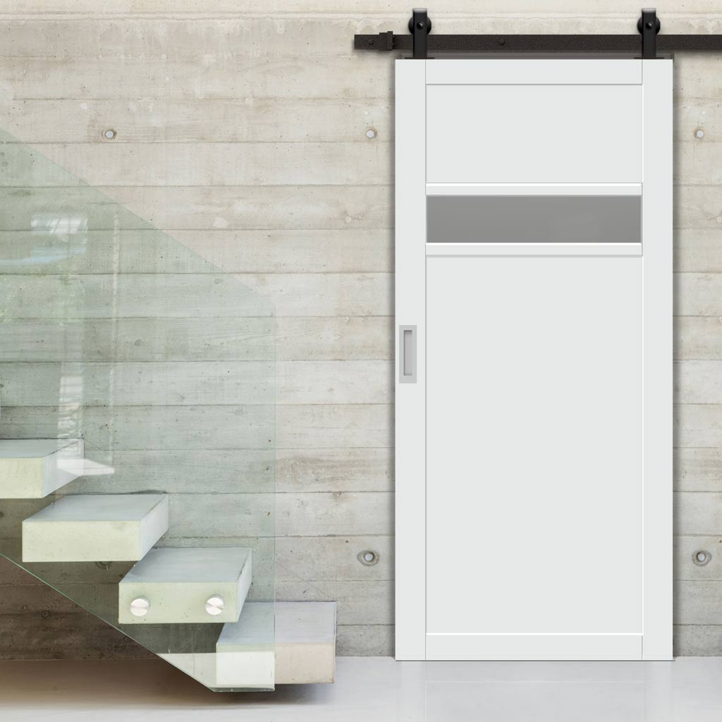 Top Mounted Black Sliding Track & Solid Wood Door - Eco-Urban® Orkney 1 Pane 2 Panel Solid Wood Door DD6403G Clear Glass - Cloud White Premium Primed