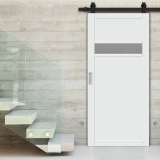 Image: Top Mounted Black Sliding Track & Solid Wood Door - Eco-Urban® Orkney 1 Pane 2 Panel Solid Wood Door DD6403G Clear Glass - Cloud White Premium Primed