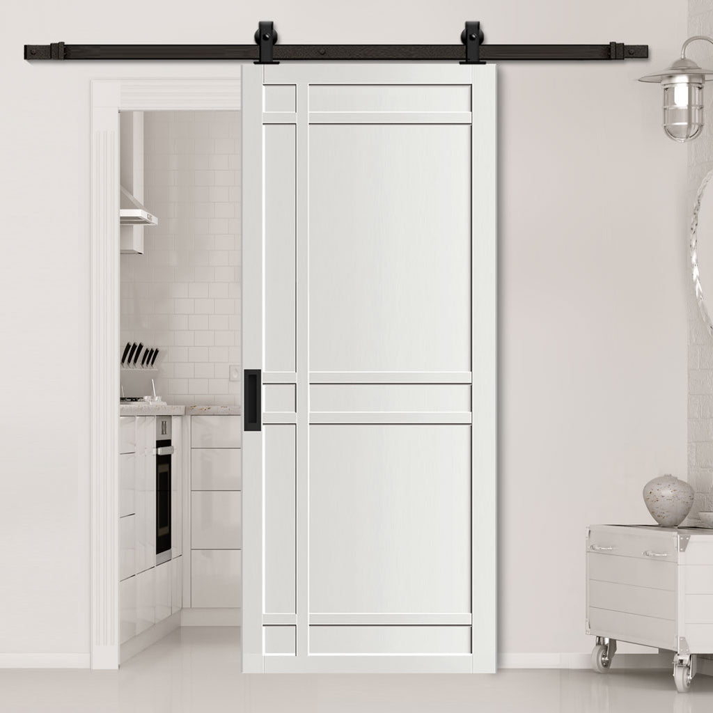 Top Mounted Black Sliding Track & Solid Wood Door - Eco-Urban® Leith 9 Panel Solid Wood Door DD6316 - Cloud White Premium Primed