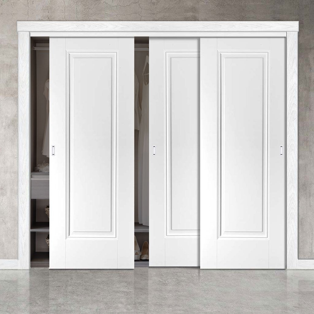 Three Sliding Wardrobe Doors & Frame Kit - Eindhoven 1 Panel Door - White Primed