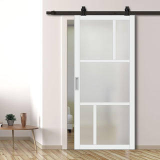 Image: Top Mounted Black Sliding Track & Solid Wood Door - Eco-Urban® Arran 5 Pane Solid Wood Door DD6432SG Frosted Glass - Cloud White Premium Primed