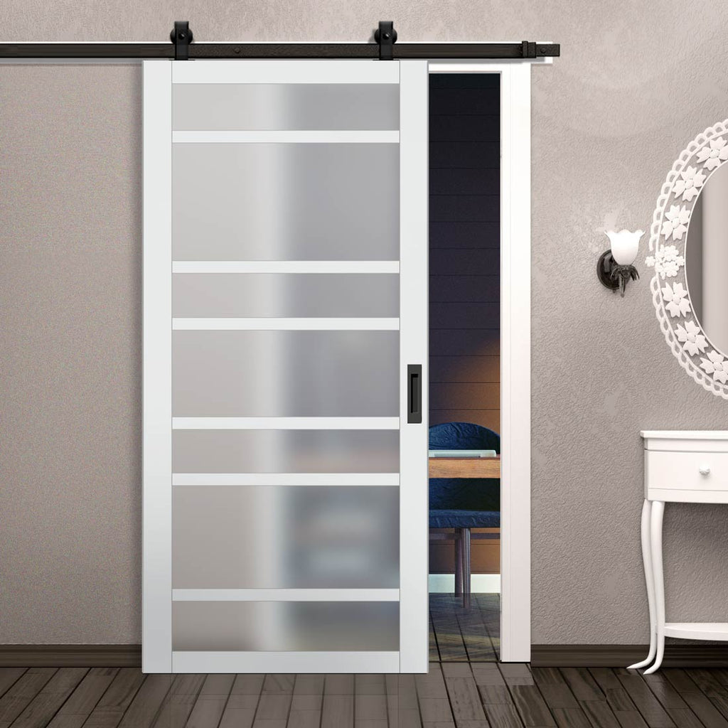 Top Mounted Black Sliding Track & Solid Wood Door - Eco-Urban® Metropolitan 7 Pane Solid Wood Door DD6405SG Frosted Glass - Cloud White Premium Primed