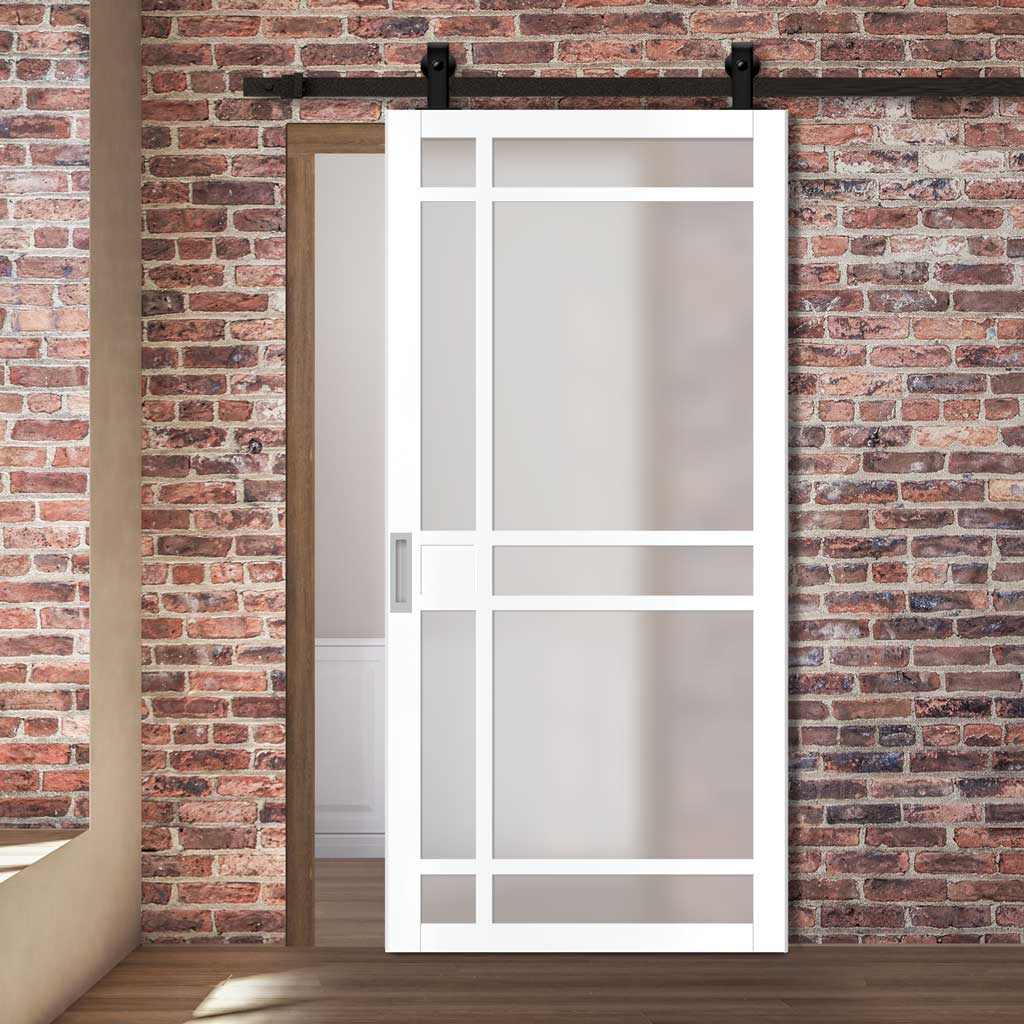 Top Mounted Black Sliding Track & Solid Wood Door - Eco-Urban® Leith 9 Pane Solid Wood Door DD6316SG - Frosted Glass - Cloud White Premium Primed