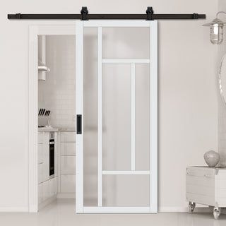 Image: Top Mounted Black Sliding Track & Solid Wood Door - Eco-Urban® Morningside 5 Pane Solid Wood Door DD6437SG Frosted Glass - Cloud White Premium Primed
