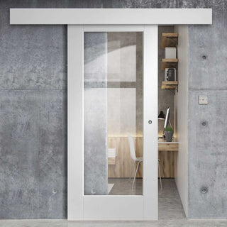 Image: Single Sliding Door & Wall Track - Pattern 10 1 Pane Door - Clear Glass - White Primed