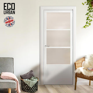 Image: Handmade Eco-Urban Staten 3 Pane 1 Panel Solid Wood Internal Door UK Made DD6310SG - Frosted Glass - Eco-Urban® Cloud White Premium Primed