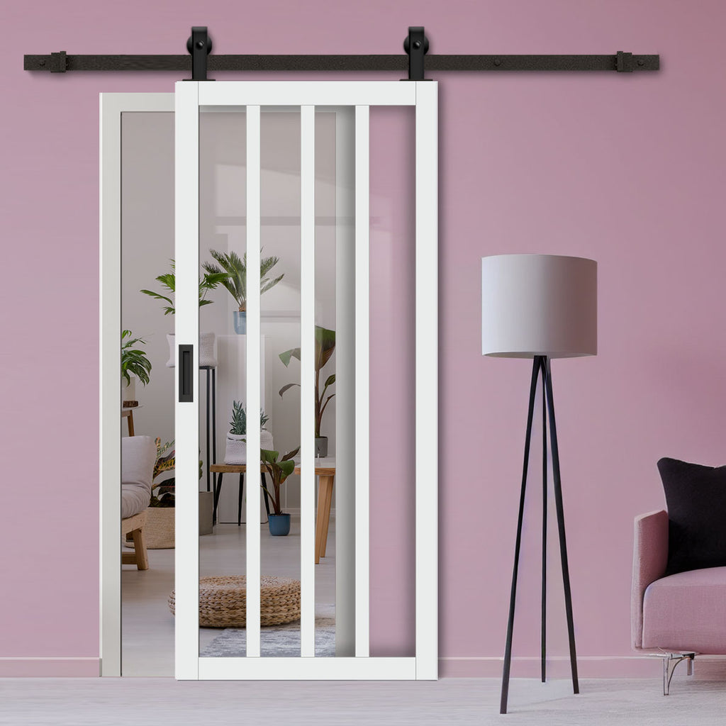 Top Mounted Black Sliding Track & Solid Wood Door - Eco-Urban® Sintra 4 Pane Solid Wood Door DD6428G Clear Glass - Cloud White Premium Primed