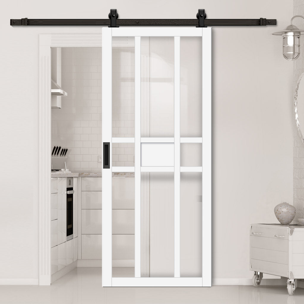 Top Mounted Black Sliding Track & Solid Wood Door - Eco-Urban® Tromso 8 Pane 1 Panel Solid Wood Door DD6402G Clear Glass - Cloud White Premium Primed