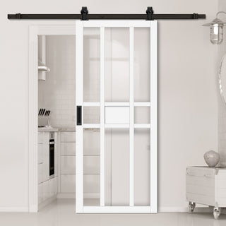 Image: Top Mounted Black Sliding Track & Solid Wood Door - Eco-Urban® Tromso 8 Pane 1 Panel Solid Wood Door DD6402G Clear Glass - Cloud White Premium Primed
