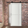 Top Mounted Black Sliding Track & Solid Wood Door - Eco-Urban® Marfa 4 Panel Solid Wood Door DD6313 - Cloud White Premium Primed