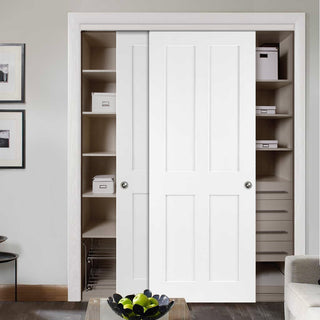 Image: Two Sliding Maximal Wardrobe Doors & Frame Kit - Victorian Shaker 4 Panel Door - White Primed