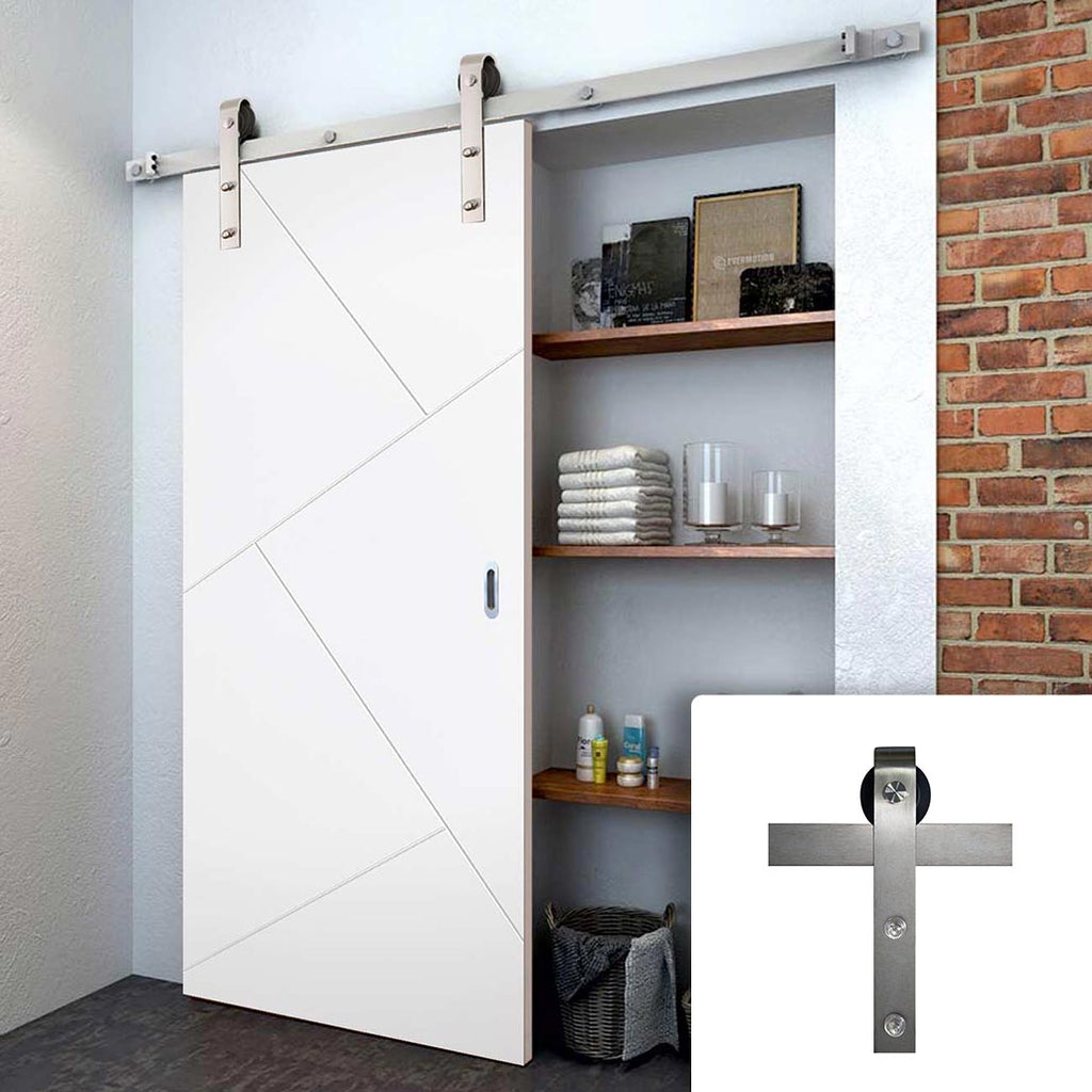 Single Sliding Door & Stainless Steel Barn Track - Dover Flush Door - White Primed