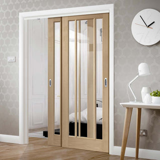 Image: Two Sliding Doors and Frame Kit - Worcester Oak 3 Pane Door - Clear Glass - Prefinished