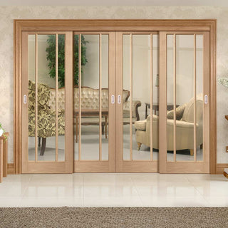 Image: Four Sliding Doors and Frame Kit - Worcester Oak 3 Pane Door - Clear Glass - Prefinished