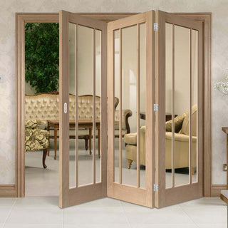Image: Three Folding Doors & Frame Kit - Worcester Oak 3 Pane 3+0 - Clear Glass - Unfinished