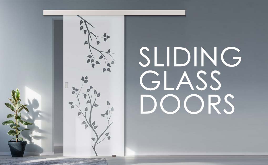 Sliding glass doors with nature pattern and the text stating "Sliding  Glass Doors"