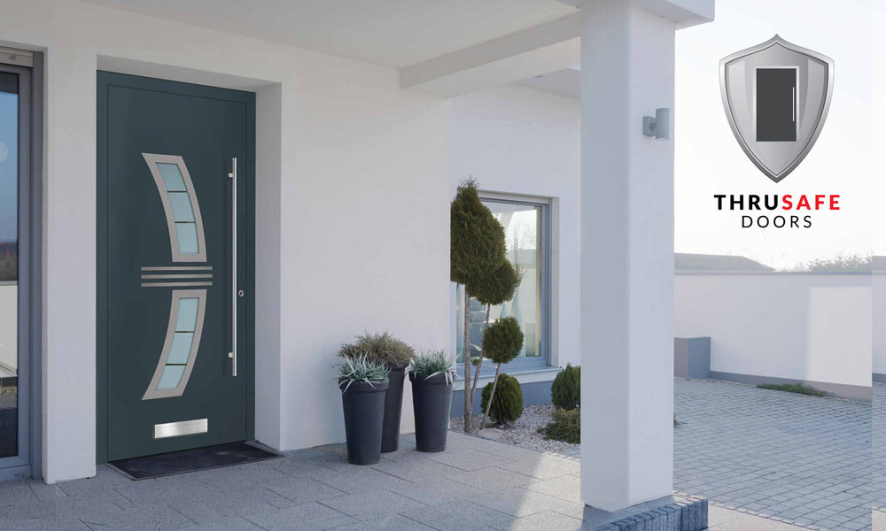 Thrusafe door with an angled window