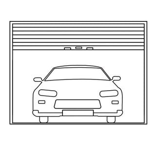 Image: linear drawing showing a front of a car in a garage