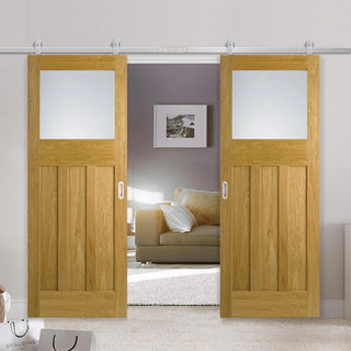 Image: Top Mounted Stainless Steel Sliding Track & Double Door - 1930's Oak Doors - Frosted Glass - Unfinished