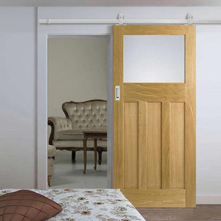 Image: Top Mounted Stainless Steel Sliding Track & Door - 1930's Oak Door - Frosted Glass - Unfinished