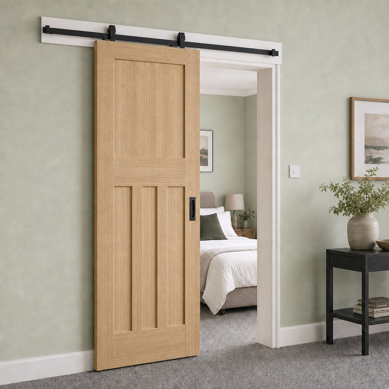 Top Mounted Black Sliding Track & Door - Value 1930's Oak Shaker Internal Door - Unfinished