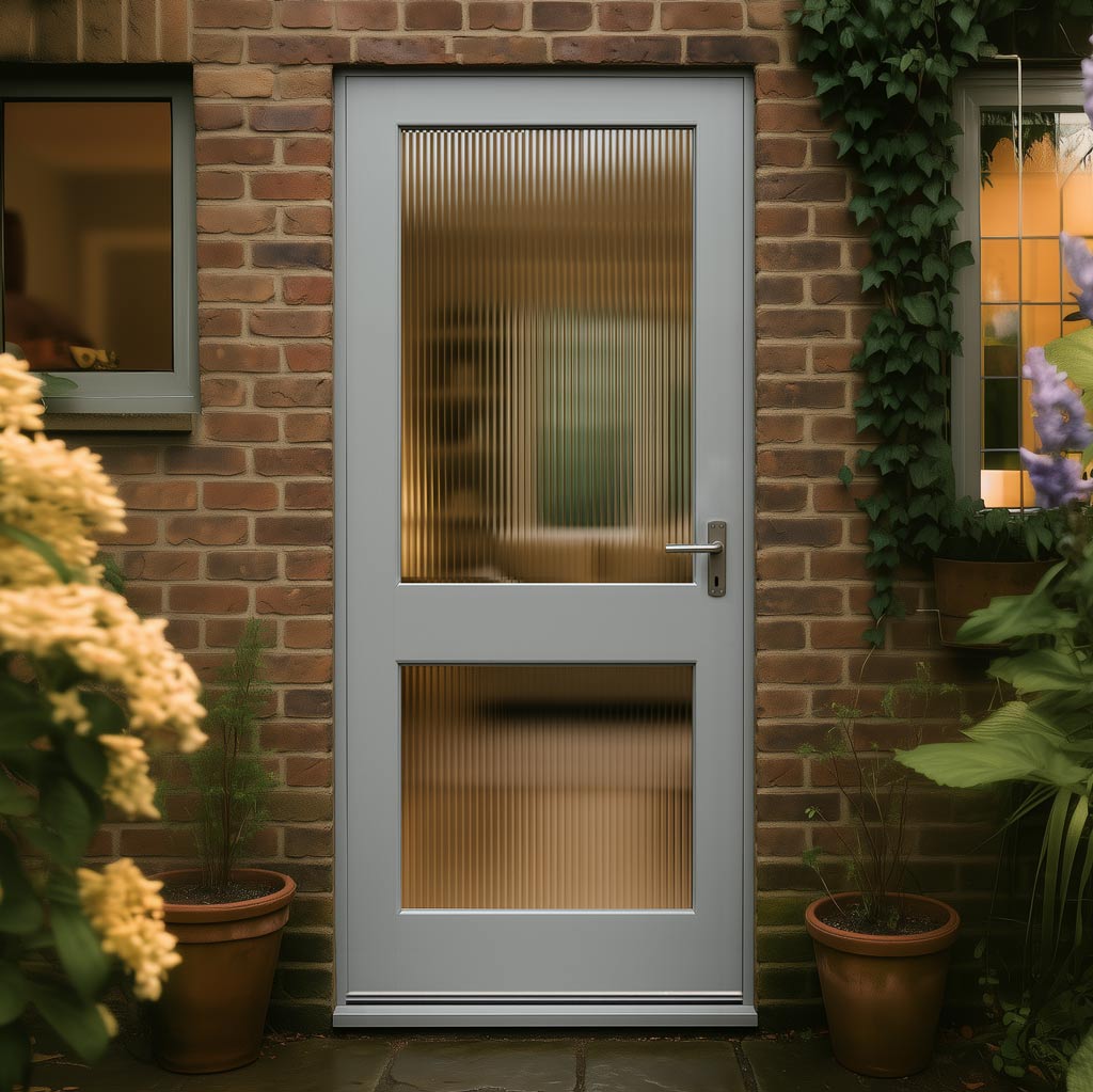 2XG glazed painted external door with reeded glass