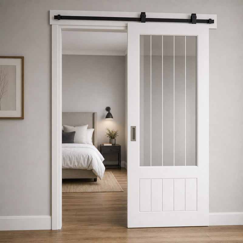 Top Mounted Black Sliding Track & Door - Value 3/4 Clear Glass with Frosted Lines Doors - White Primed