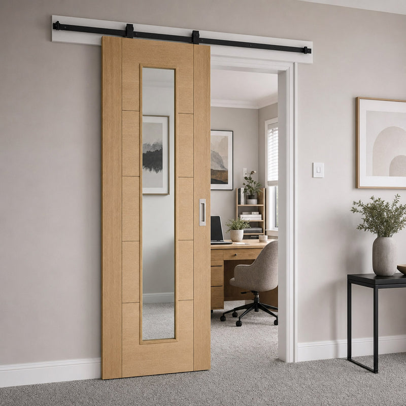 Top Mounted Black Sliding Track & Door - Value 5P Long Light Door - Oak Unfinished