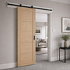 Top Mounted Black Sliding Track & Door - Value 5 Panel Oak Flush Internal Door - Unfinished