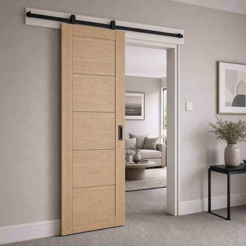 Top Mounted Black Sliding Track & Door - Value 5 Panel Oak Flush Internal Door - Unfinished