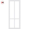 SpaceEasi Top Mounted Black Folding Track & Double Door - Eco-Urban® Bronx 4 Pane Solid Wood Door DD6315SG - Frosted Glass - Premium Primed Colour Options